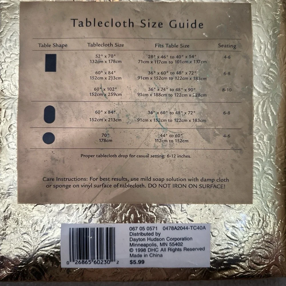 Vtg Gold Vinyl Tablecloth 52x70 Oblong Flannel Back Damask‎ Dayton Hudson New